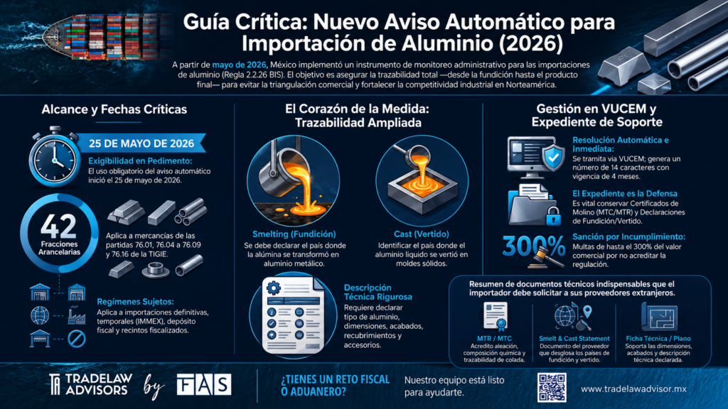 Infografía corporativa sobre el nuevo Aviso Automático para Importación de Aluminio 2026, su alcance, fechas críticas, trazabilidad, gestión en VUCEM, expediente de soporte y documentos técnicos necesarios para el cumplimiento aduanero.