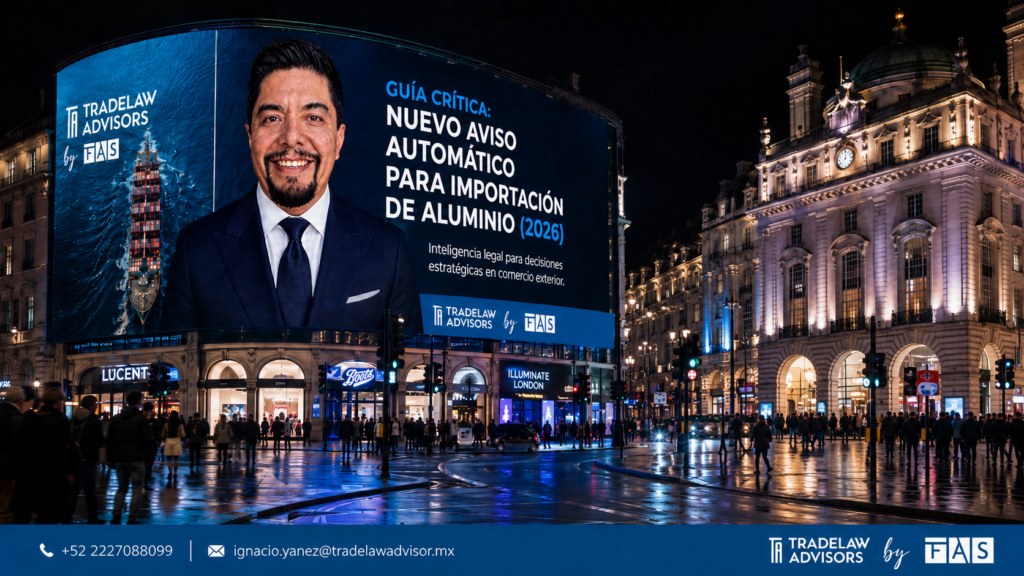 Anuncio corporativo de TradeLaw Advisors sobre la Guía Crítica del Nuevo Aviso Automático para Importación de Aluminio 2026 en una escena urbana nocturna.