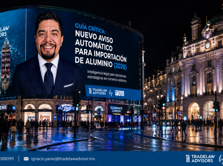 Anuncio corporativo de TradeLaw Advisors sobre la Guía Crítica del Nuevo Aviso Automático para Importación de Aluminio 2026 en una escena urbana nocturna.