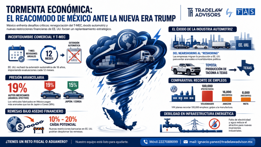 Infografía sobre los riesgos económicos que enfrenta México por la revisión del T-MEC, la presión arancelaria de EE. UU., el éxodo automotriz y la debilidad de infraestructura energética.