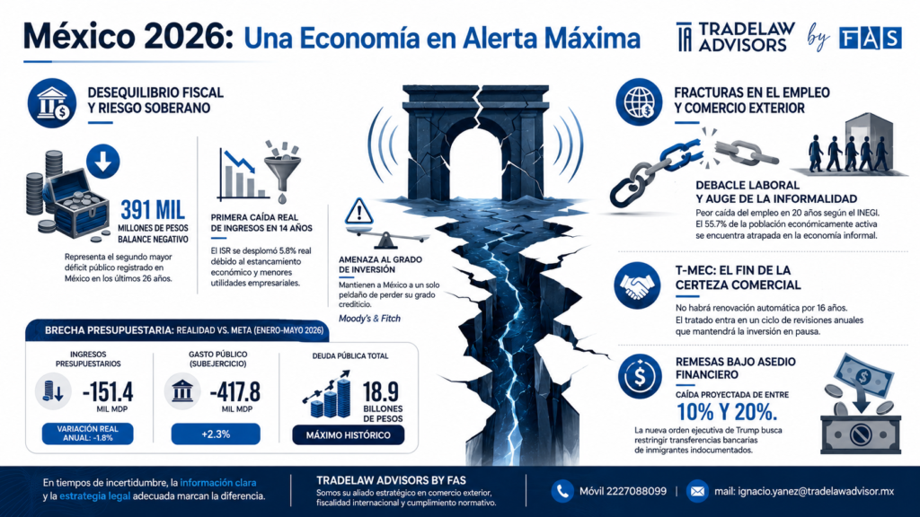 Infografía sobre los principales riesgos económicos de México en 2026, incluyendo déficit fiscal, pérdida de ingresos, riesgo soberano, informalidad laboral, revisión del T-MEC y presión sobre remesas.