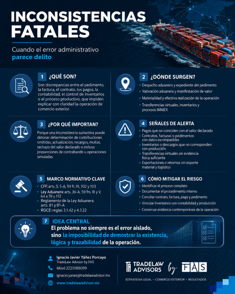 Infografía que resume cómo discrepancias entre pedimento, factura, contrato, pagos, contabilidad, inventarios y proceso productivo pueden generar riesgos fiscales y aduaneros; identifica dónde surgen, principales señales de alerta, marco normativo aplicable y medidas para mitigar el riesgo mediante evidencia, control interno y trazabilidad de la operación.