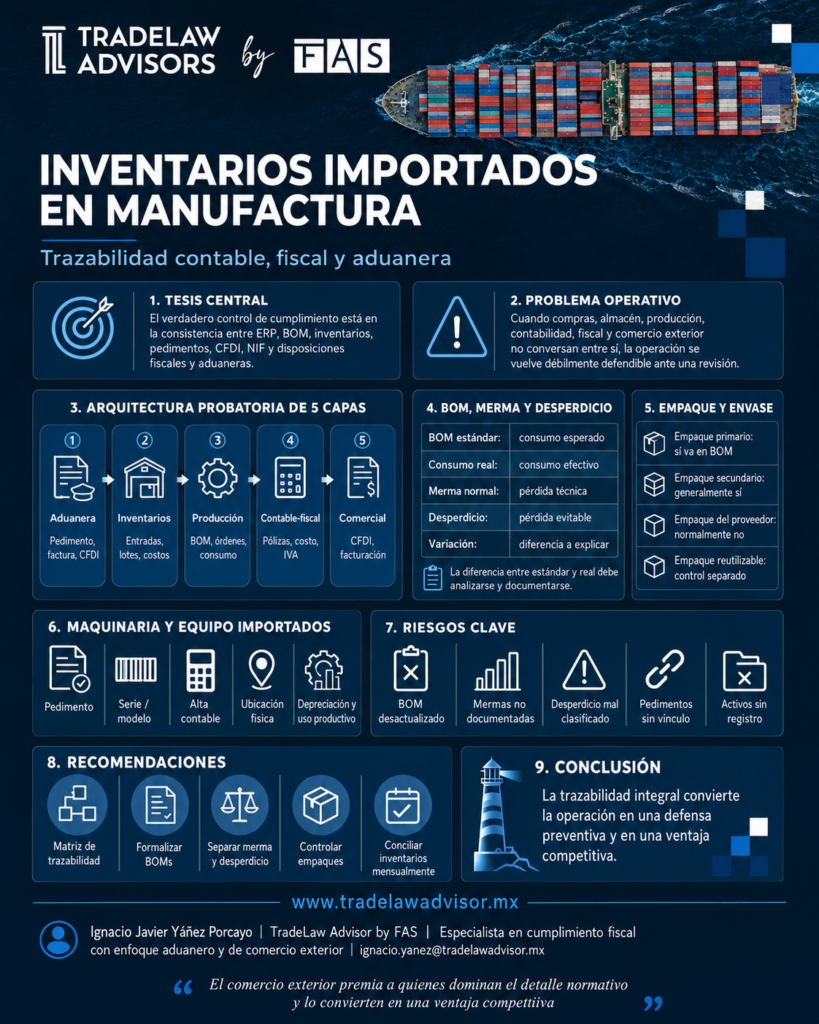 Infografía de TradeLaw Advisors by FAS sobre trazabilidad fiscal, contable y aduanera en procesos productivos con inventarios importados.
