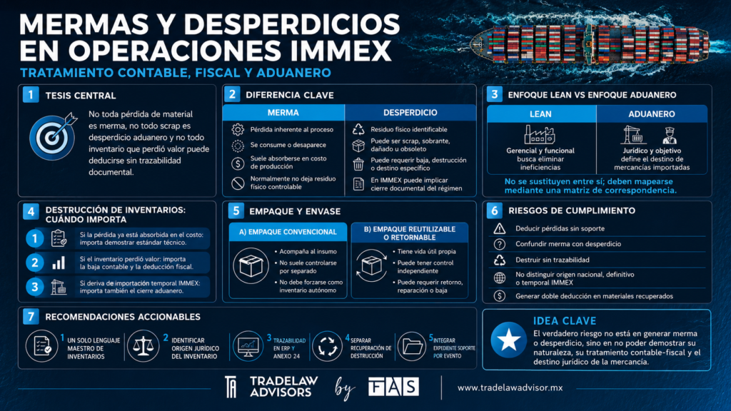 Infografía de TradeLaw Advisors sobre mermas y desperdicios en operaciones IMMEX, con diferencias entre merma, desperdicio, destrucción de inventarios, enfoque Lean, riesgos de cumplimiento y recomendaciones fiscales y aduaneras.