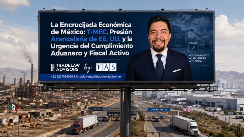 Anuncio corporativo de TradeLaw Advisors by FAS sobre los riesgos económicos, arancelarios y de cumplimiento fiscal-aduanero para México frente al T-MEC y Estados Unidos.