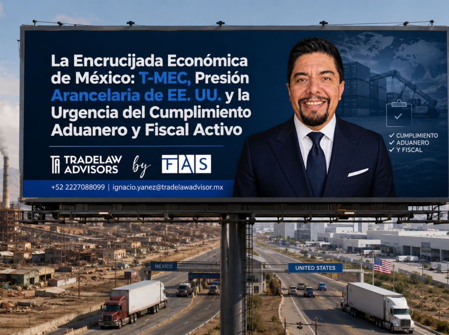 Anuncio corporativo de TradeLaw Advisors by FAS sobre los riesgos económicos, arancelarios y de cumplimiento fiscal-aduanero para México frente al T-MEC y Estados Unidos.