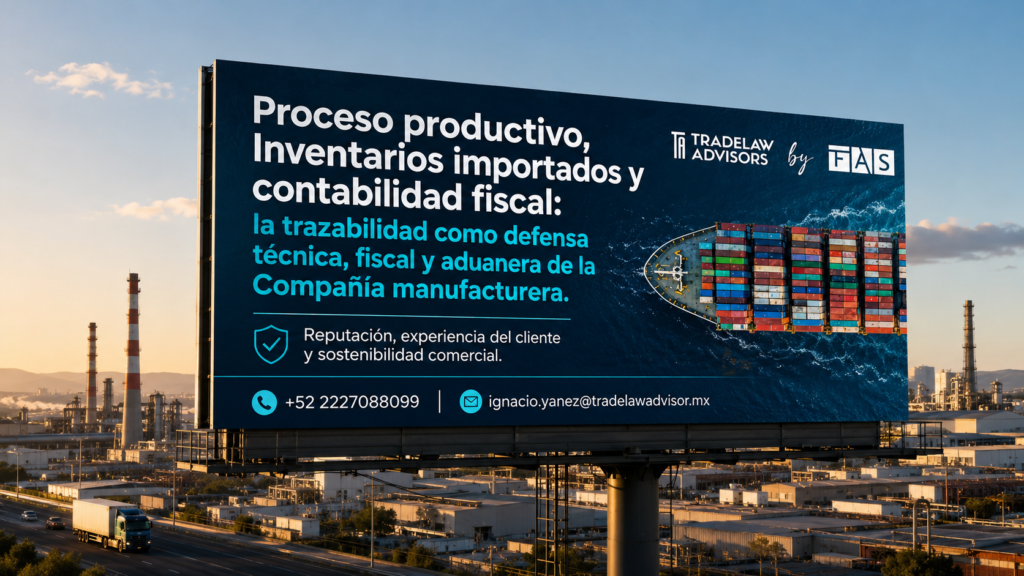 Anuncio tipo espectacular de TradeLaw Advisors by FAS sobre proceso productivo, inventarios importados y contabilidad fiscal, enfocado en trazabilidad técnica, fiscal y aduanera para Compañías manufactureras.