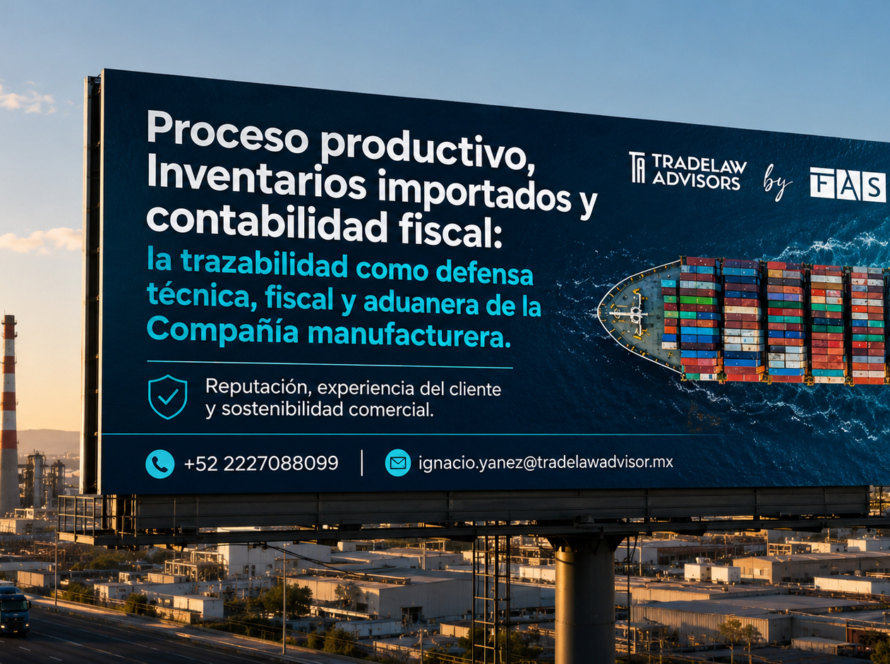 Anuncio tipo espectacular de TradeLaw Advisors by FAS sobre proceso productivo, inventarios importados y contabilidad fiscal, enfocado en trazabilidad técnica, fiscal y aduanera para Compañías manufactureras.