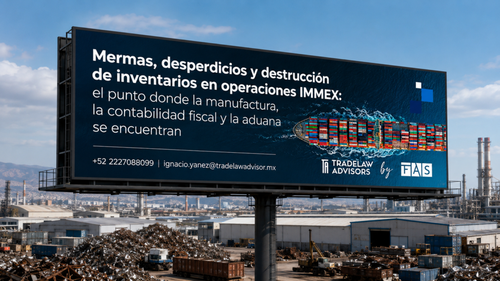Anuncio espectacular de TradeLaw Advisors sobre mermas, desperdicios y destrucción de inventarios en operaciones IMMEX, colocado sobre una zona industrial con fábricas y acopio de chatarra.
