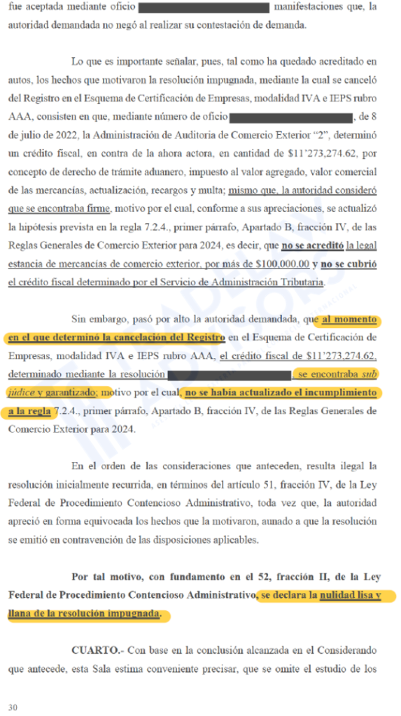 Extracto de sentencia que concluye que un crédito fiscal sub judice y respaldado no actualizaba la causal de cancelación de la Certificación IVA e IEPS.