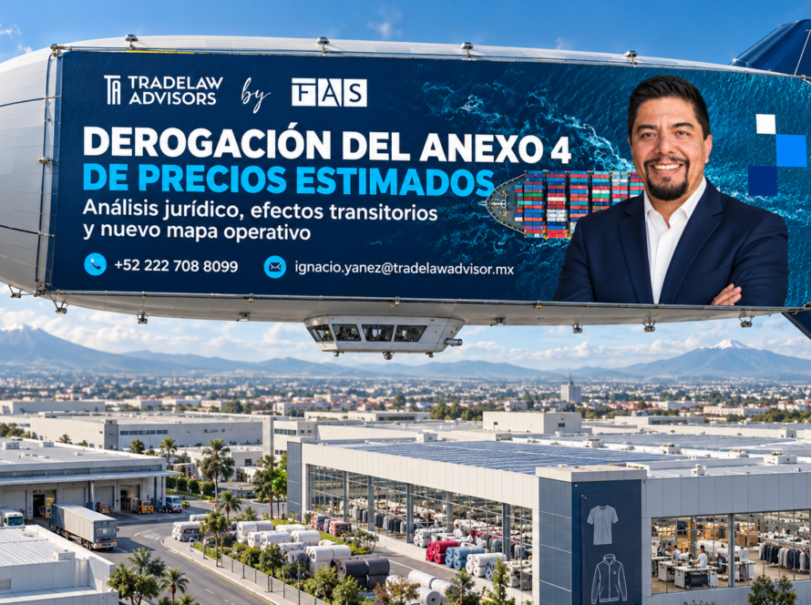 Dirigible sobre un complejo textil que representa el impacto operativo de la derogación del Anexo 4.