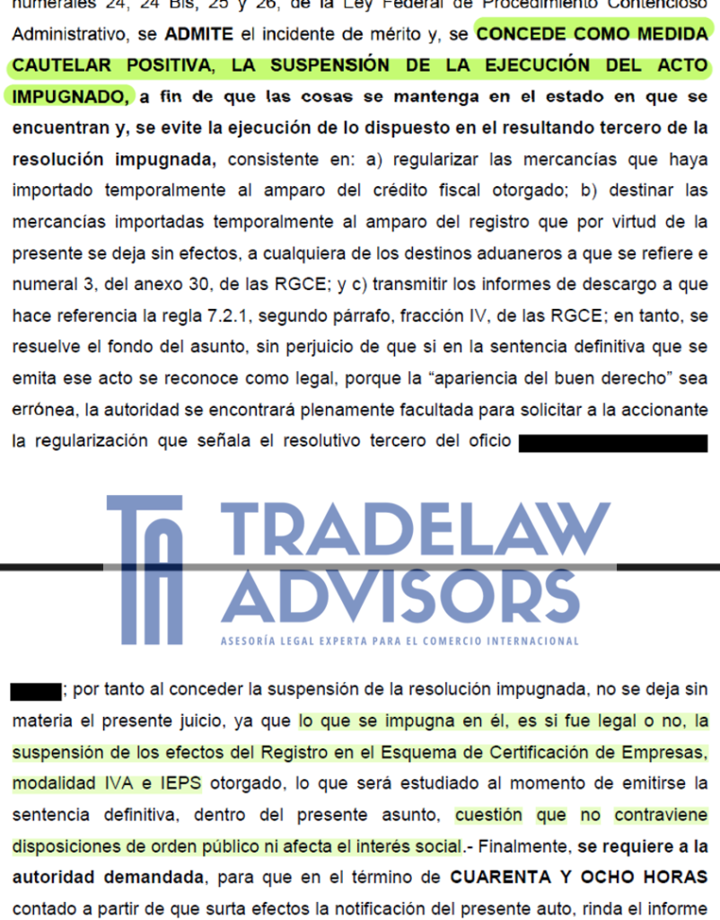 Resolución del TFJA que concede una medida cautelar para suspender la ejecución del acto impugnado relacionado con la Certificación IVA e IEPS.
