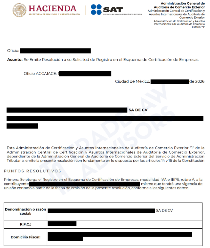 Resolución del SAT que otorga el Registro en el Esquema de Certificación de Empresas, modalidad IVA e IEPS, rubro A.